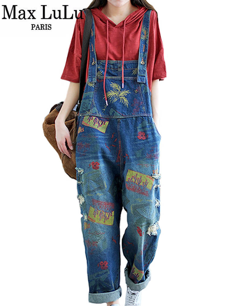 Max LuLu Spring Design  Ladies Vintage Denim Cuffs Overalls Women Printed Ripped Holes Jeans Girls Casual Oversized Trousers