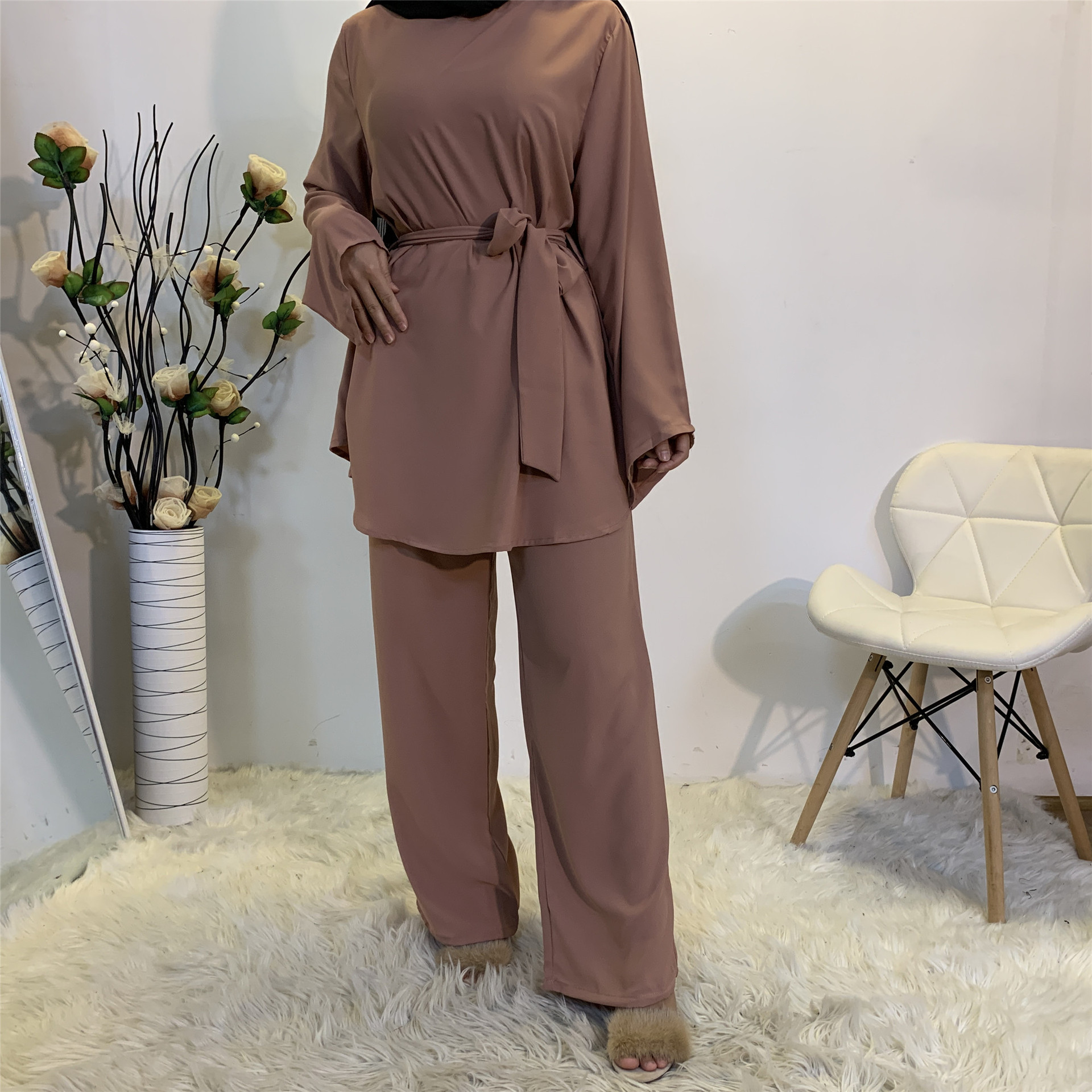 Kaftan Dubai Abaya Turkey Muslim  Hijab Dress Muslim Sets Islam Clothing Women's Set Two Piece Tops And Long Pants Female