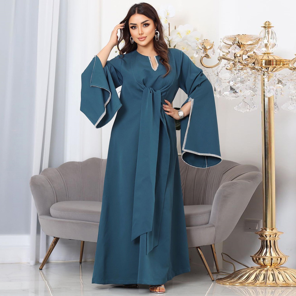 Blue Maxi Dubai Evening Party Formal Dress Ramadan Abayas For Women Muslim Islam Kaftan Jalabiya  Clothing Long Sleeves