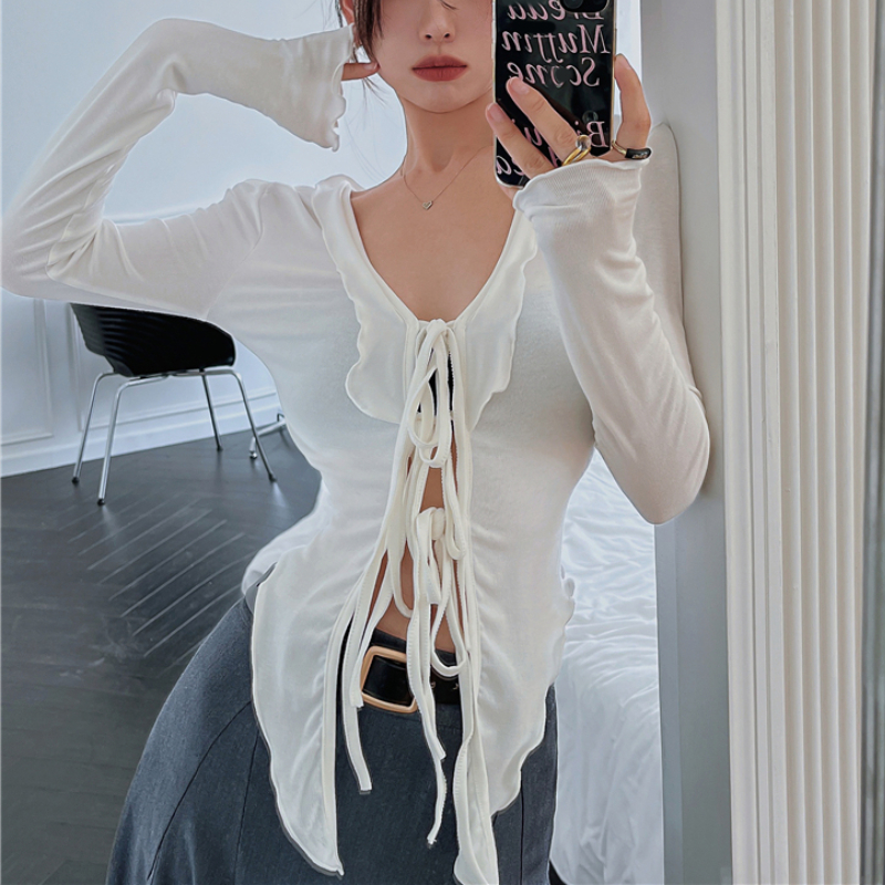 V-neck Sexy Hollow Lace-up Solid Color Long-sleeved T-shirt Women  Summer Irregular Ruffled Casual Crop Tops