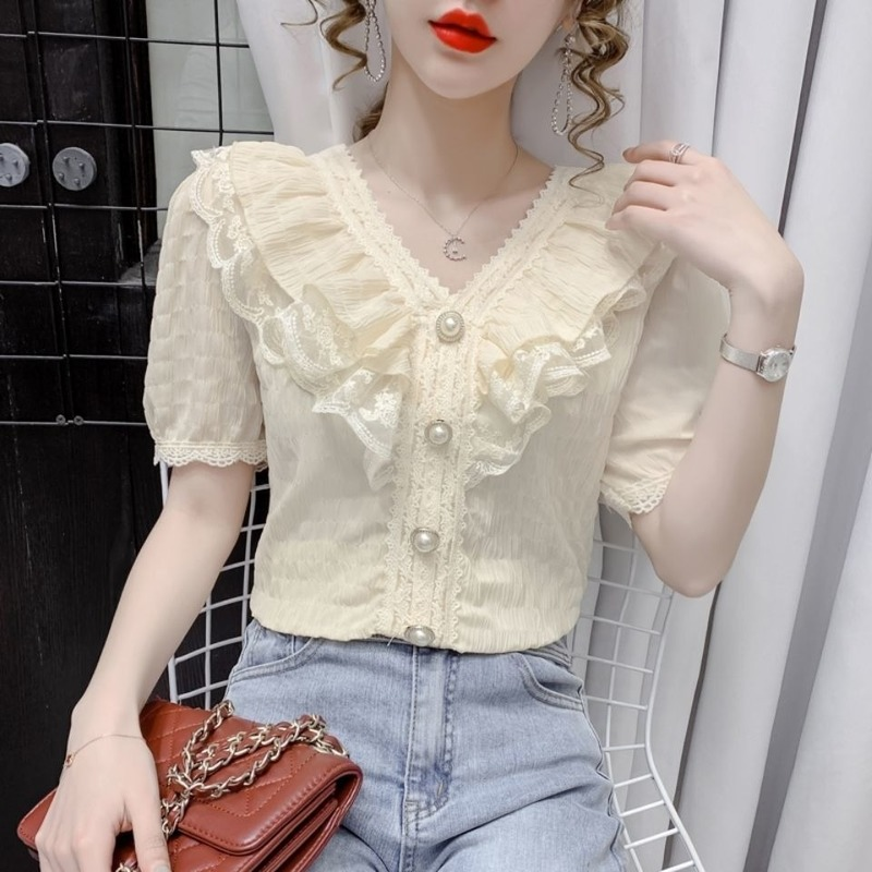  spring and summer short-sleeved t-shirt blouse  lace ruffled V-neck temperament chiffon shirt casual