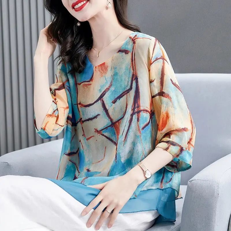 Summer Women Print Splice Casual Chiffon Blouses Shirts O-Neck  Loose Tops Blusas Large SizeMM0132