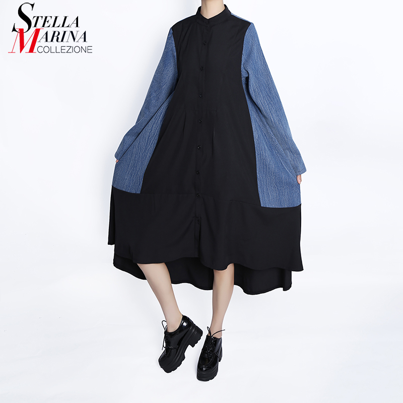 Very Big Size Woman Autumn Woman Long Sleeve Casual Wear Blue Black Denim Patchwork Dress Button Up Girls Unique Robe HU7728