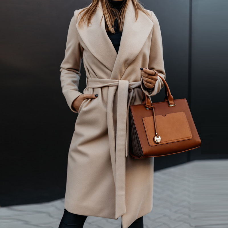 Women Elegant Turn-down Collar Belt Woolen Coat Autumn Winter Casual Slim Long Coats Office Ladies Solid Long Sleeve Open Stitch