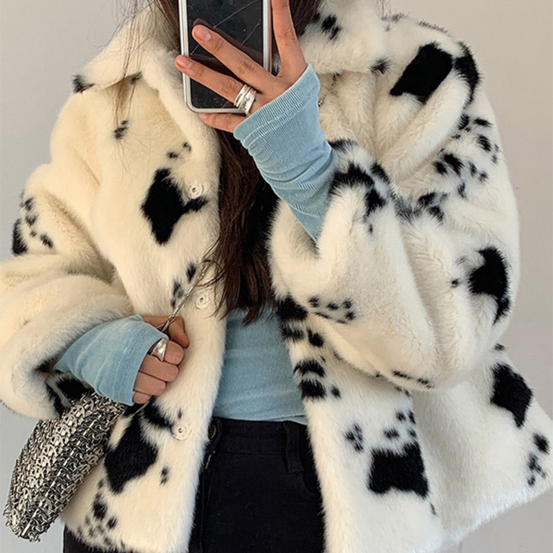 Lucyever Black White Cow Pattern Faux Mink Fur Coat Womens Elegant Winter Short Turn-down Collar Coats  Soft Tops Woman