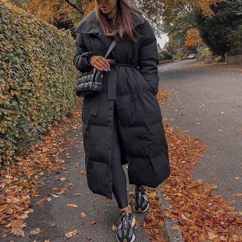 Malina Thick Loose Parkas Women  Solid Covered Button Coats Women Elegant Tie Belt Long Cotton Jackets Female Ladies