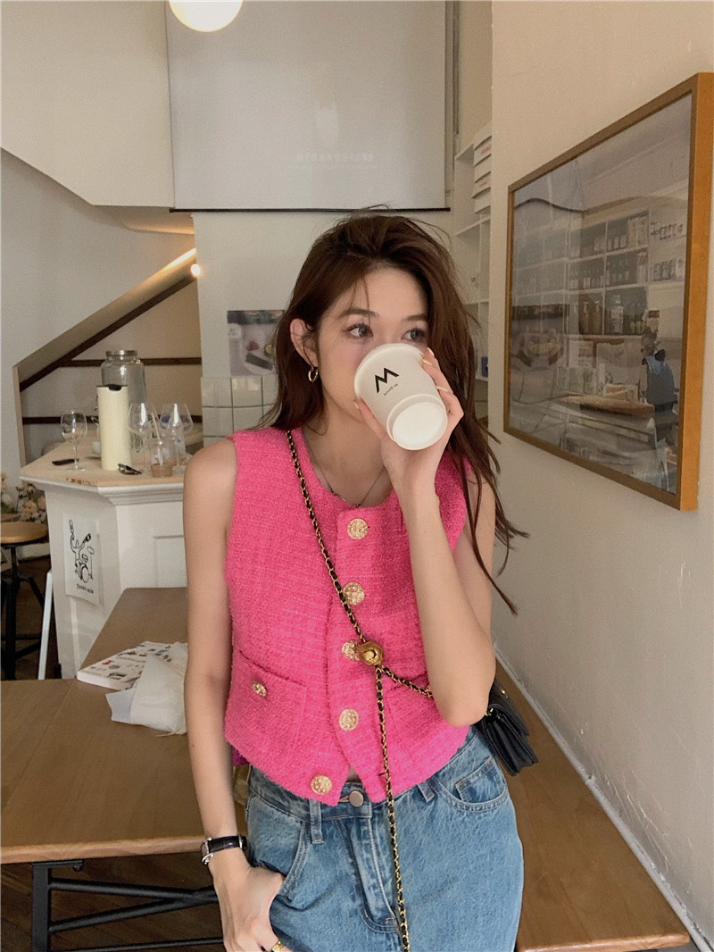 O Neck Sleeveless Pink Tweed Vest Coat Women Vintage Elegant All Match Casual  Jackets  Style Chic Summer Tops
