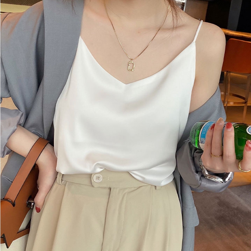 Sexy Strap Crop Top Women Halter V Neck Basic White Black Cami Sleeveless Satin Silk Tube Tank Tops Women'S Summer Y2K Camisole