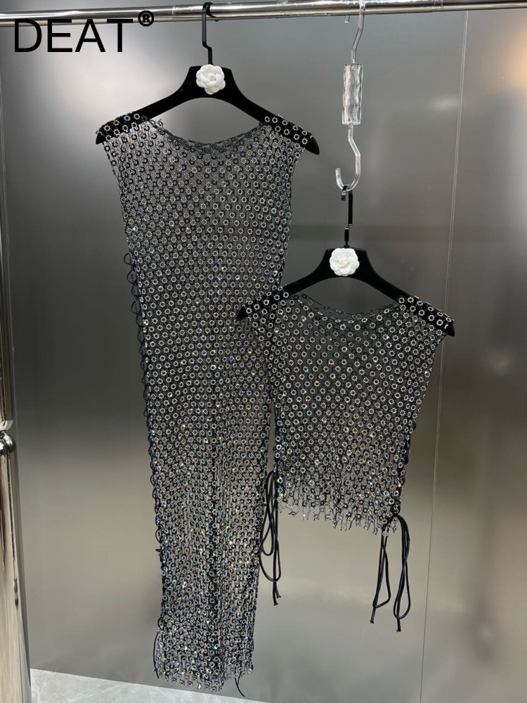 DEAT  summer  spliced Diamonds round neck sleeveless pullover sexy see throw T-shirt WW97601L