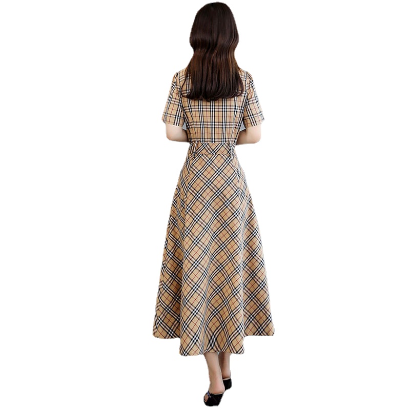 Mid-length plaid dress women's  summer  version waist-like temperament houndstooth bottoming skirt