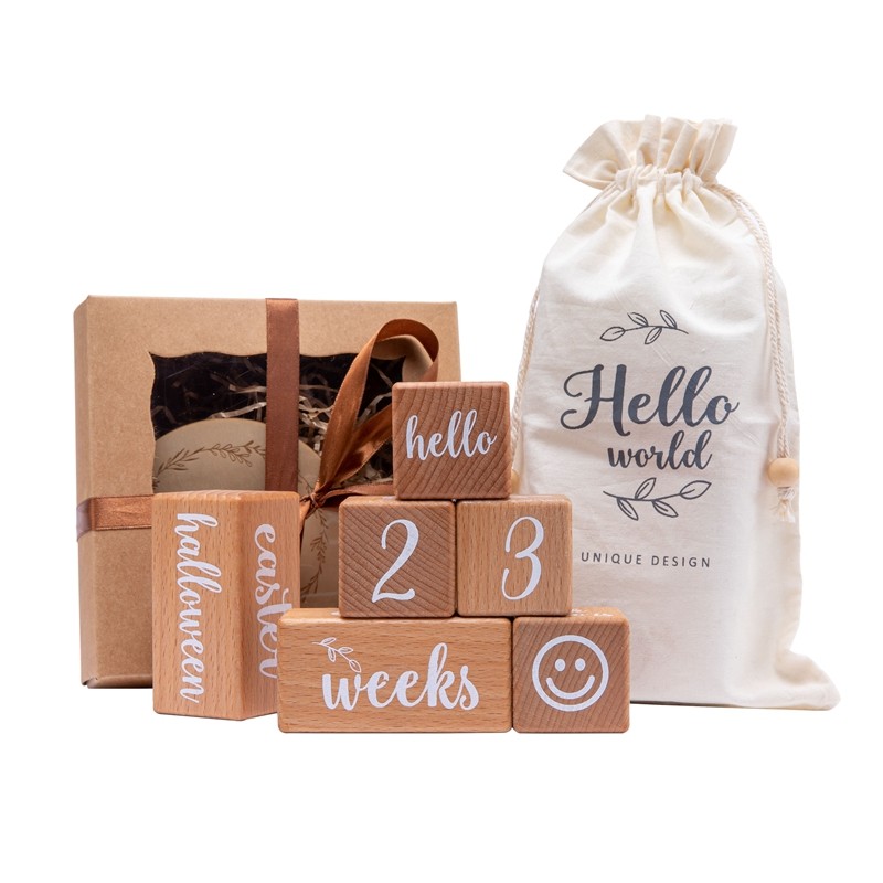 6pcs/1Set Baby Month Milestone Card Beech Block Square Engraved Newborn Birth Month Birthday Milestones Block Pography Props