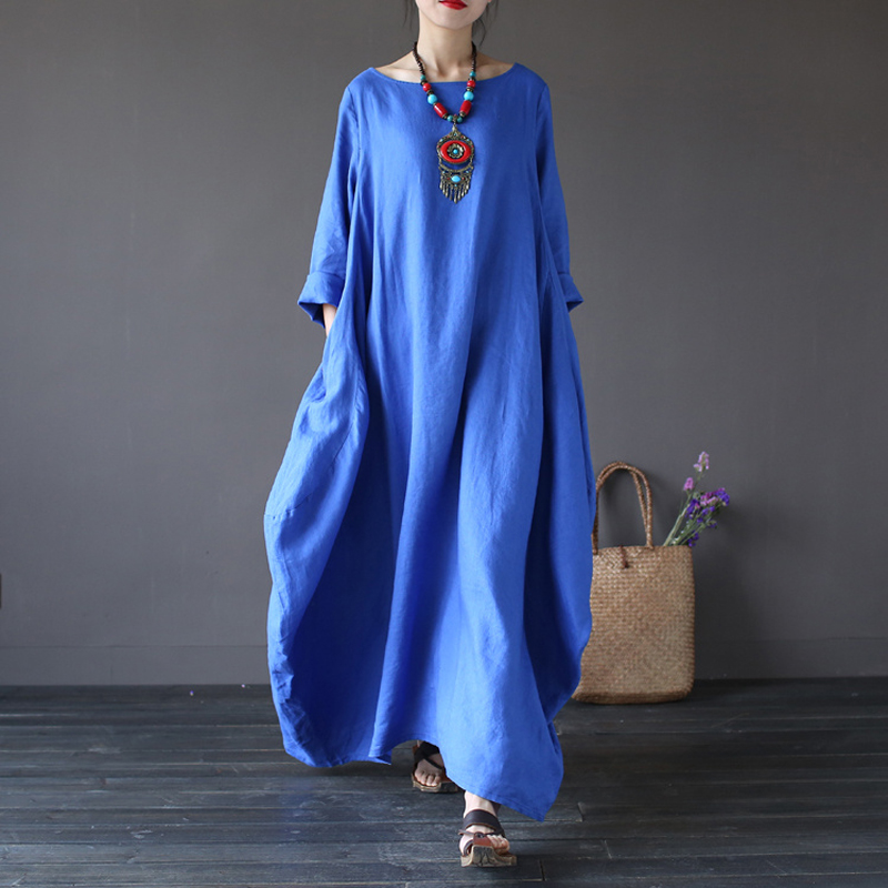 Johnature  Casual Dress  Women Clothes O-Neck Summer 5 Color Vintage Three Quarter Sleeve Robe Maxi Dresses
