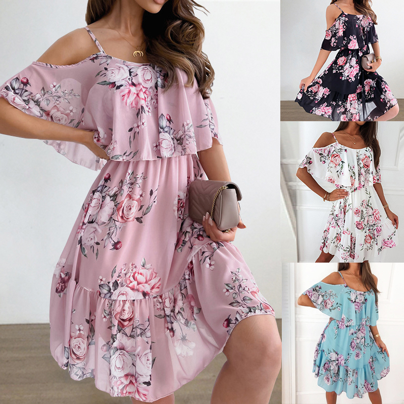 Floral Print Boho Beach Dress  Backless Sexy Women Summer Dress  Floral Ruffled Off Shoulder Casual Dress Jurk Dames