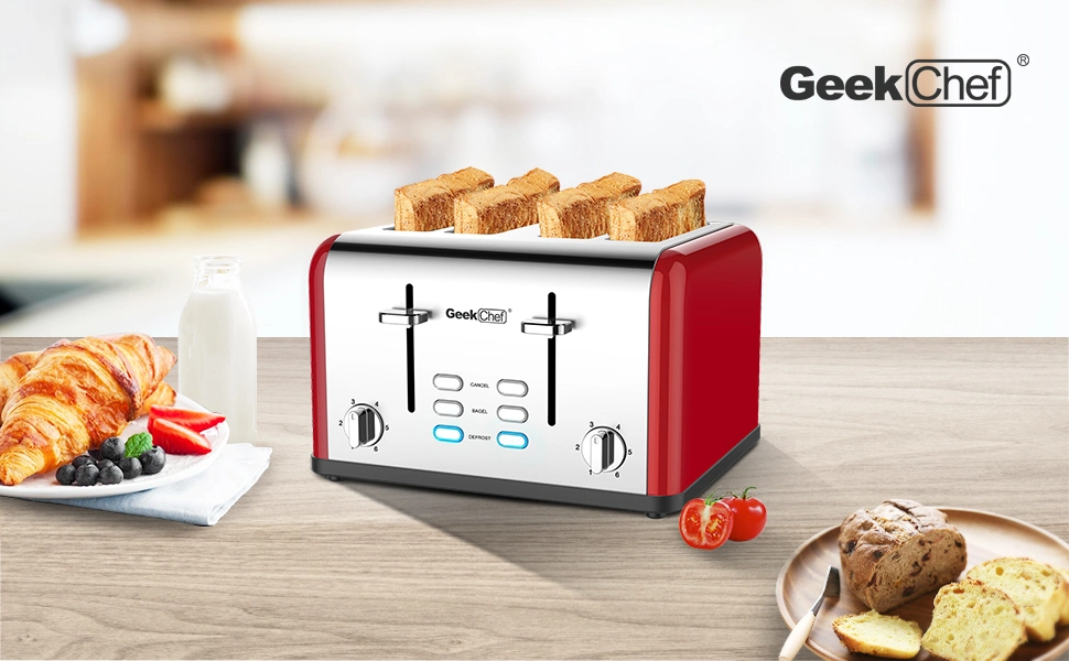 (Don't on Amazon) Toaster 4 slices， geek chef stainless steel extra-wide slot toaster， dual control panel with bagel/defros