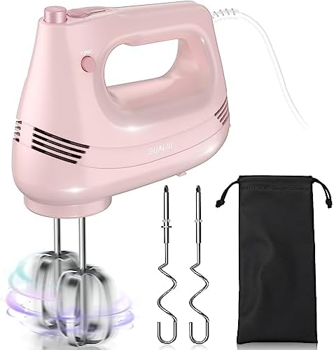 Electric Hand Mixer with Stainless Steel Whisk, Dough Hook Attachment and Storage Bag, Handheld Mixer for Baking Cakes, Eggs, Cream Food Mixers. Turbo Boost /5 Speed Kitchen Blender PINK