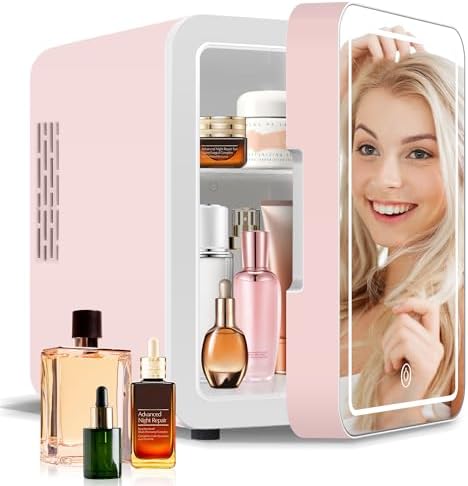 Mini Fridge Skincare with Dimmable LED Light Mirror, 4L/6Can Mini Fridge for Skincare and Makeup, Cooler & Warmer, Portable Mini Fridge for Bedroom, Office, Dorm and Car, Pink