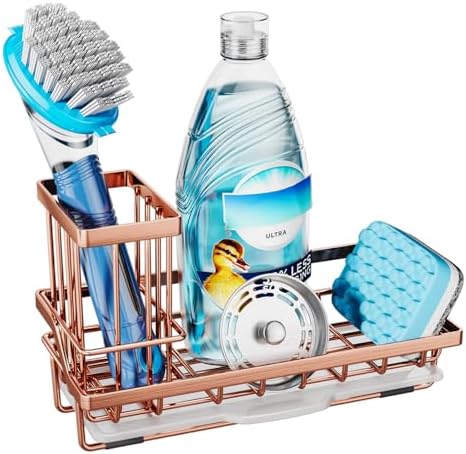Consumest Sponge Holder for Kitchen Sink - Sink Caddy Kitchen Sink Organizer with Removable Drip Tray for Countertop Dish Soap Dispenser Brush Storage Accessories 304 Stainless Steel, Rose Gold