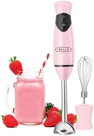 BELLA Immersion Hand Blender, Portable Mixer with Whisk Attachment - Electric Handheld Juicer, Shakes, Baby Food and Smoothie Maker, Stainless Steel, Pink