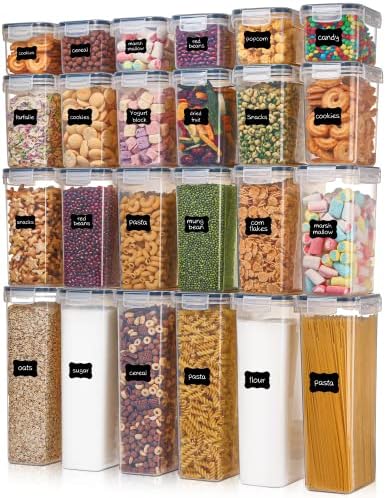 Airtight Food Storage Containers with Lids, Vtopmart 24 pcs Plastic Kitchen and Pantry Organization Canisters for Cereal, Dry Food, Flour and Sugar, BPA Free, Includes 24 Labels，Black