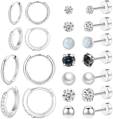 Surgical Steel Flat Back Earrings Set for Multiple Piercing Sensitive Ears,Sterling Silver Hypoallergenic Small Cartilage Huggie Hoop Earrings Titanium Tiny CZ Pearl Opal Stud Earrings for Women