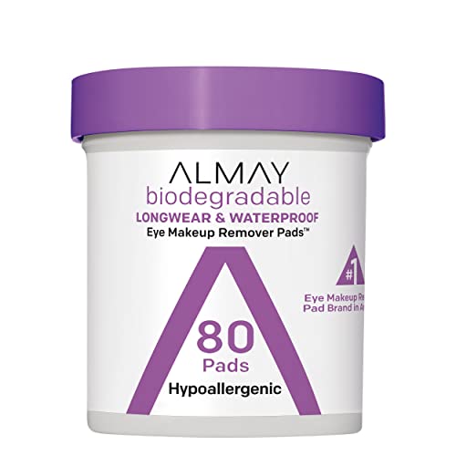 Almay Biodegradable Makeup Remover Pads, Longwear & Waterproof, Hypoallergenic, Fragrance-Free, Dermatologist & Ophthalmologist Tested, 80 count