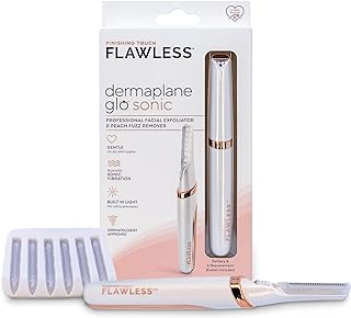 Finishing Touch Flawless Dermaplane Glo Sonic Lighted Facial Exfoliator, Electric Vibrating Dermaplane Razor for Dermaplaning, Facial Hair Removal, 6 Replacement Heads