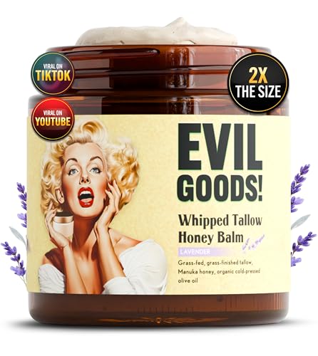 Whipped Beef Tallow and Manuka Honey Balm, 4oz, Lavender, Grass Fed Grass Finished Organic Face Cream, Moisturizer, Body Lotion, Skin Care and Lip Balm (4 oz, Lavender)