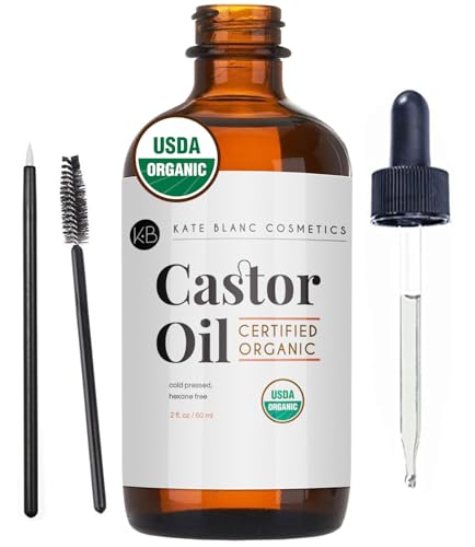 Kate Blanc Cosmetics Castor Oil Organic (2oz), 100% Pure, Cold Pressed, Hexane Free. Stimulate Growth for Hair, Eyelashes, Eyebrows. Hair Treatment Starter Kit, Skin Moisturizer & Stocking Stuffer