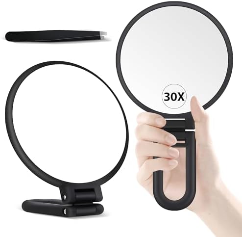 B Beauty Planet 30X Magnifying Mirror, Hand Mirror with Handle, Double Sided Hand Mirror with 30X/1X Magnification, Essential Travel Mirror, Portable Foldable Makeup Mirror for Precision Makeup Black