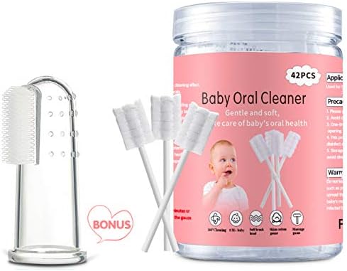 EASICUTI Baby Tongue Cleaner, Baby Toothbrush, 42Pcs Disposable Infant Toothbrush Clean Baby Mouth, Gauze Gum Cleaner Baby Oral Cleaning Stick Dental Care for 0-36 Month Baby+Free 1 Finger Toothbrush