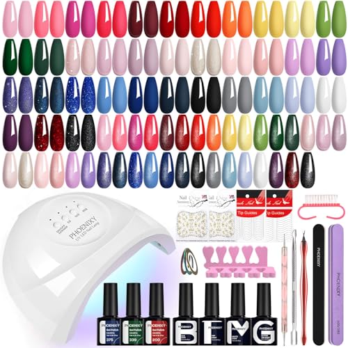 PHOENIXY Gel Nail Polish Kit with U V Light 48W, 56 Pcs 108 Effect Gel Nail Kit Base Glitter Top Coat Gel Nail Polish Set Manicure Tools Gifts for Women