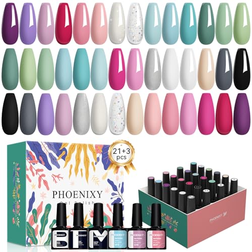 PHOENIXY Gel Nail Polish, 21 Colors Gel Nail Polish Set Pink Red Blue Green Gray Black Glitter Nail Kit with Base Coat Glossy Matte Top Coat Gifts for Women