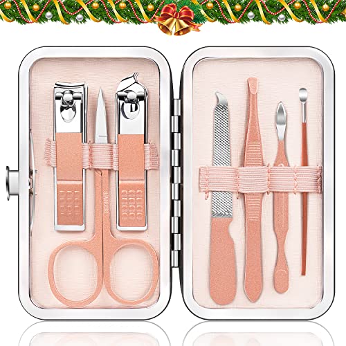 Manicure Pedicure Set Stainless Steel Nail Clippers Personal Nail Clipping Tools Portable Travel Grooming Kit with Snap-shut Case, Rose Gold