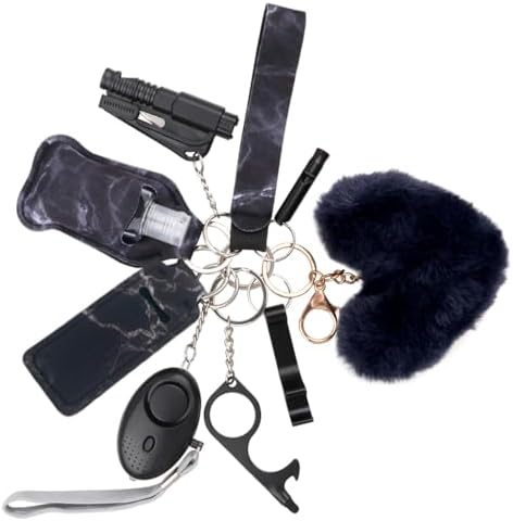10PCS Accessories Keychain Set for Women with Safety Alarm Key Chain,Whistle and Wirstlet KeyChain Set(Black)