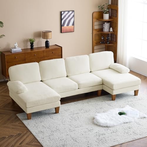 VINGLI 110" U-Shape Sectional Sofa,4-Seat Convertible Couch with Two Chaises,Chenille Upholstered for Living Room,Apartment,Office,White