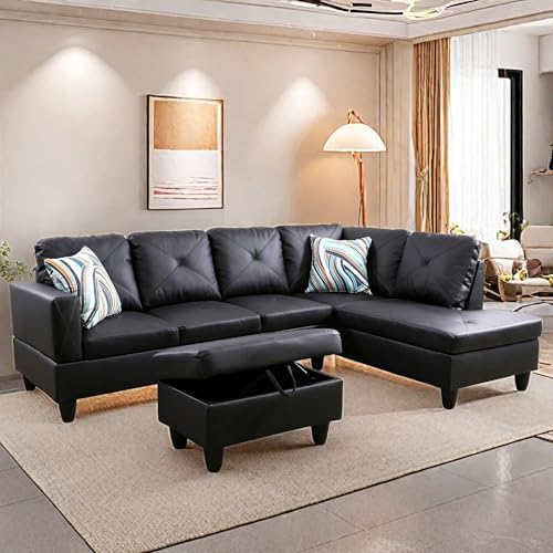 L Shaped Sectional Couches, Modern Convertible Lounge Leather Sofa with Ottoman Storage, Comfy Modular Sectional Sofa for Living Room Furniture Sets, Small Spaces, Black
