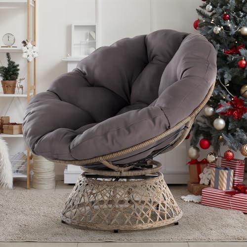 Bme 40" Ergonomic Wicker Papasan Chair with Soft Thick Density Fabric Cushion, High Capacity Steel Frame, 360 Degree Swivel for Living, Bedroom, Reading Room, Lounge