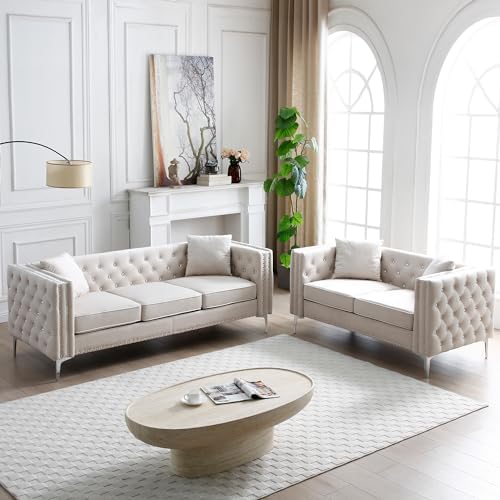 2 Piece Modern Velvet Upholstered Living Room Sofa Set with 3-Seater Sofa and Loveseat, Jeweled Button Tufted Copper Nails Square Arms, 4 Pillows Included,5 Seater (Beige,Set)