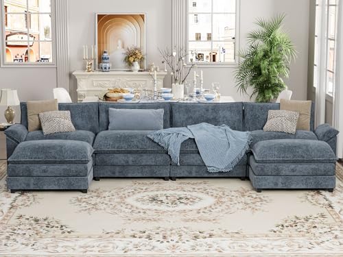 YESHOMY Sectional Modular Sofa U Shaped Chenille Fabric Couch with High Supportive & Soft Sponges and Removable Ottoman, Sleeper Comfy Upholstered Furniture for Living Room, Blue