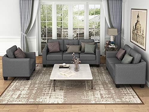 3 Pieses Mid-Century Modern Sofa Sets Linen Fabric Tufted Back Sofa&Couch Include 3 Seaters Couch, Loveseat and Armchair with Rivets Rivets for Home Apartment Office Living Room Furniture Sets