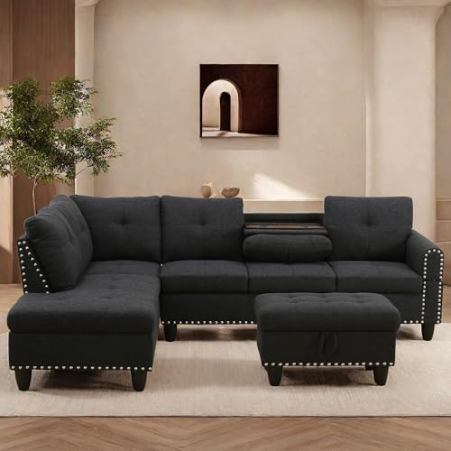 Sectional Couches with Ottoman Storage, Lounge Modular Sectional Sofa with Reversible Cup Holder, Modern Nail-Head L Shaped Couch for Living Room Furniture Sets, Bedroom, Gray