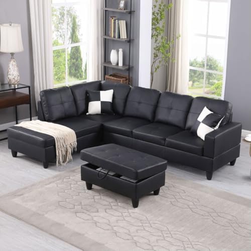 Black L-Shaped 3-Piece Faux Leather Sofa with Storage Ottoman Set, Sectional Couch Leather-Like Sofa Set for Living Room, Office, Small Space