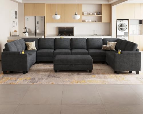 Belffin Oversized U Shaped Modular Sectional Couch for Living Room 10 Seater Modular Sofa Set with Storage Ottoman Large Sectional Couch with Cup Holder Dark Grey Couch
