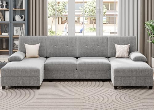 JAMFLY Sectional Sofa Couches for Living Room, Living Room Furniture Sets Clearance, 4 Seat U Shaped Sofa Sectional Couch with Chaise, Grey