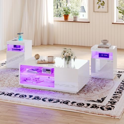 AMERLIFE 3-Piece Modern High Gloss LED Table Set, Coffee Table with 20-Color LED Lights, 2 End Tables with Wireless Charging Station for Living Room, White