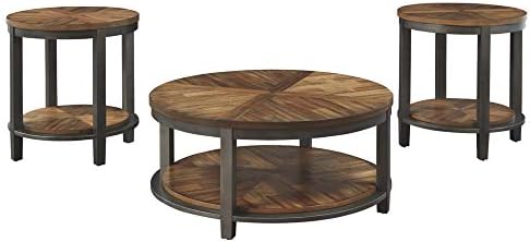 Signature Design by Ashley Roybeck Rustic Round 3-Piece Table Set, Includes 1 Coffee Table and 2 End Tables with Fixed Shelf, Light Brown