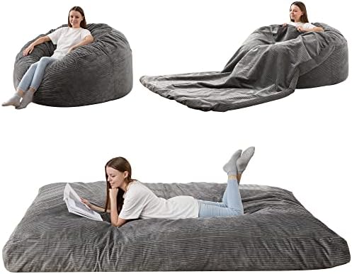 HABUTWAY Bean Bag Chair, Giant Bean Bag Chair with Washable Corduroy Cover Ultra Soft, Convertible Bean Bag from Chair to Mattress, Huge Cordoroys Bean Bags for Adult, Couples, Family - Grey Queen