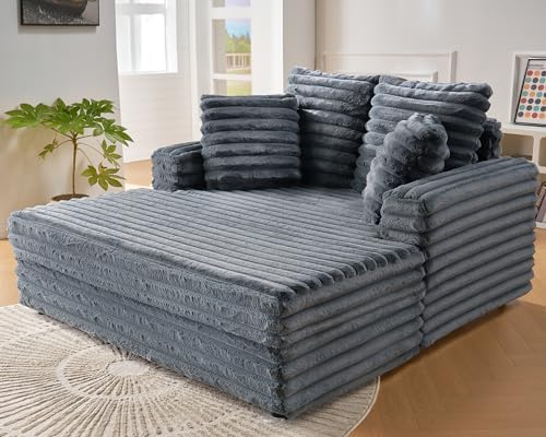 VanAcc 53 Inch Upholstered Chaise Lounge, Plush Sleeper Chair with Throw Pillows and Armrests, Sofa Bed Indoor for Living Room, Grey