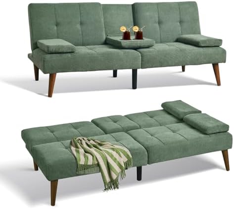 COLAMY Futon Sofa Bed-Fabric Small Futon Couch, Futon Lounge Sofa, Futon Convertible with 2 Cup Holders, Removable Soft Armrest, Adjustable Backrest for Dorm/Bedroom/College Green
