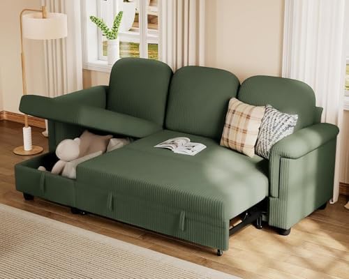 Furmax Sleeper Sofa, L-Shaped Sofa Couch with Side Storage Pocket Pull Out Bed with Reversible Storage Chaise Sectional Couches for Living Room, Small Apartment (Corduroy, Green)